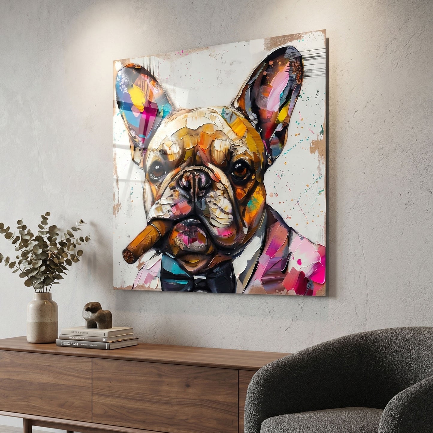 Colorful abstract metal print of a dog on a wall above a wooden cabinet.
