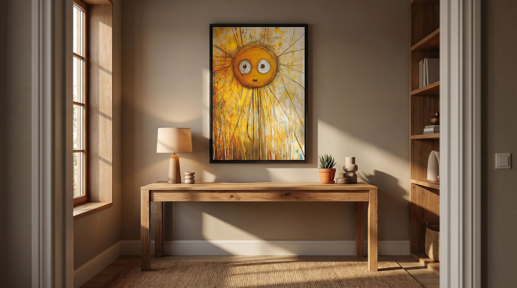 Styled home office with a large abstract canvas print above the desk — wall art for a modern work-from-home space
