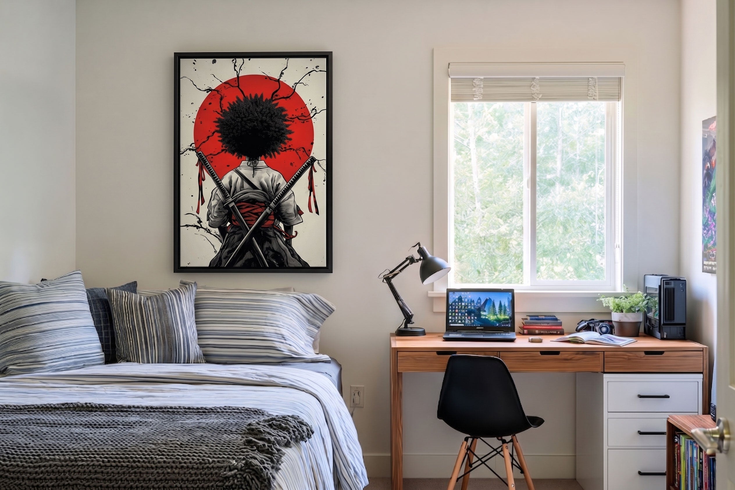 Anime wall art, Afro Ronin samurai ink canvas print by Itz Art