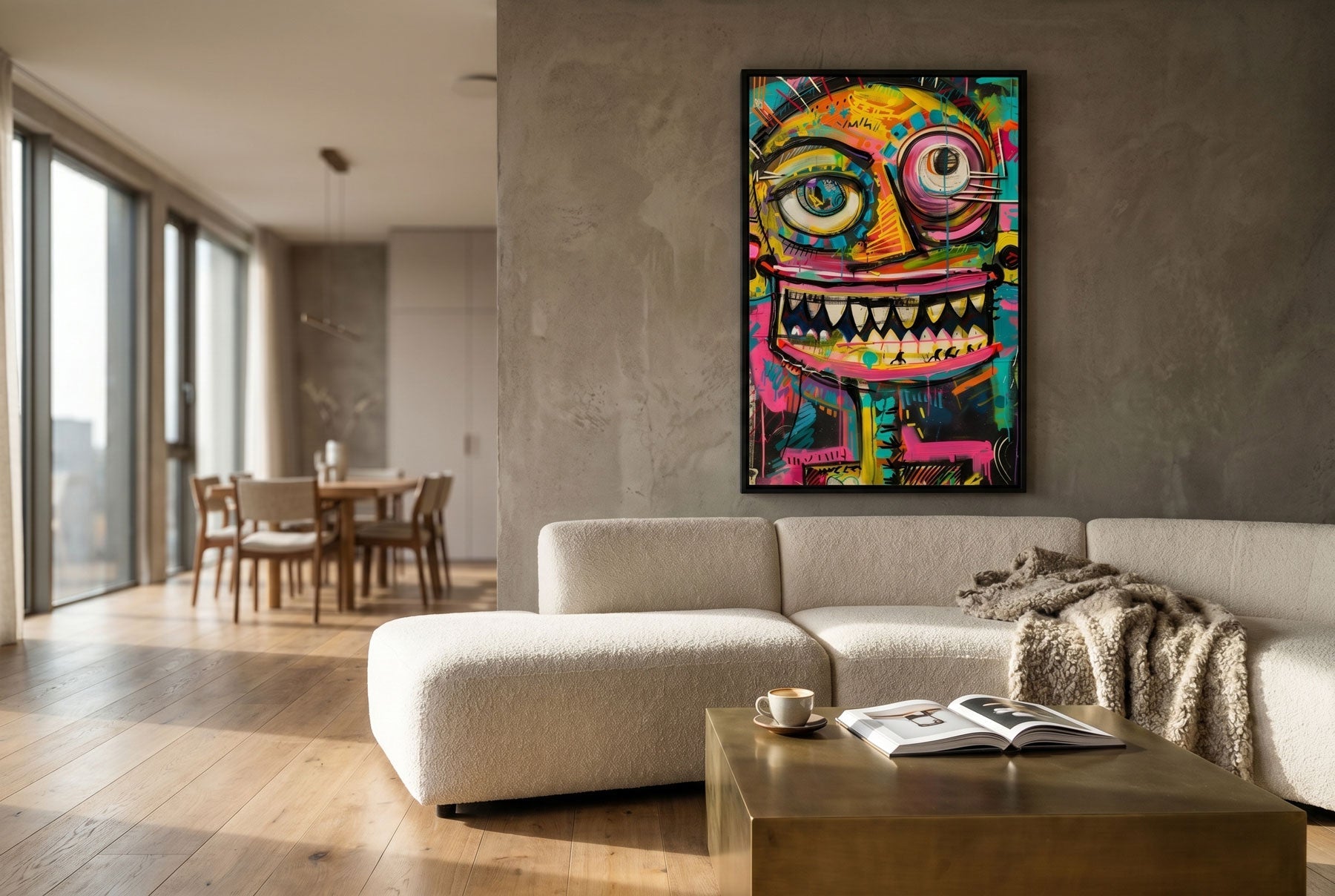Basquiat-inspired graffiti wall art — Neon Grin Chaos canvas print in raw expressive style by Itz Art