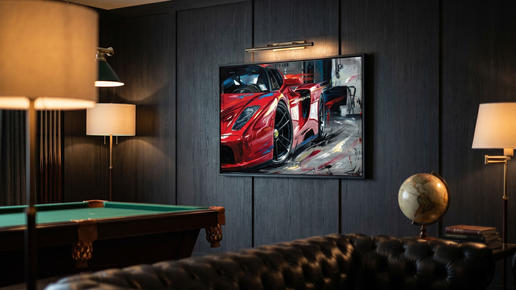 Car wall art — red Ferrari canvas print displayed in a man cave lounge, made in Canada by Itz Art