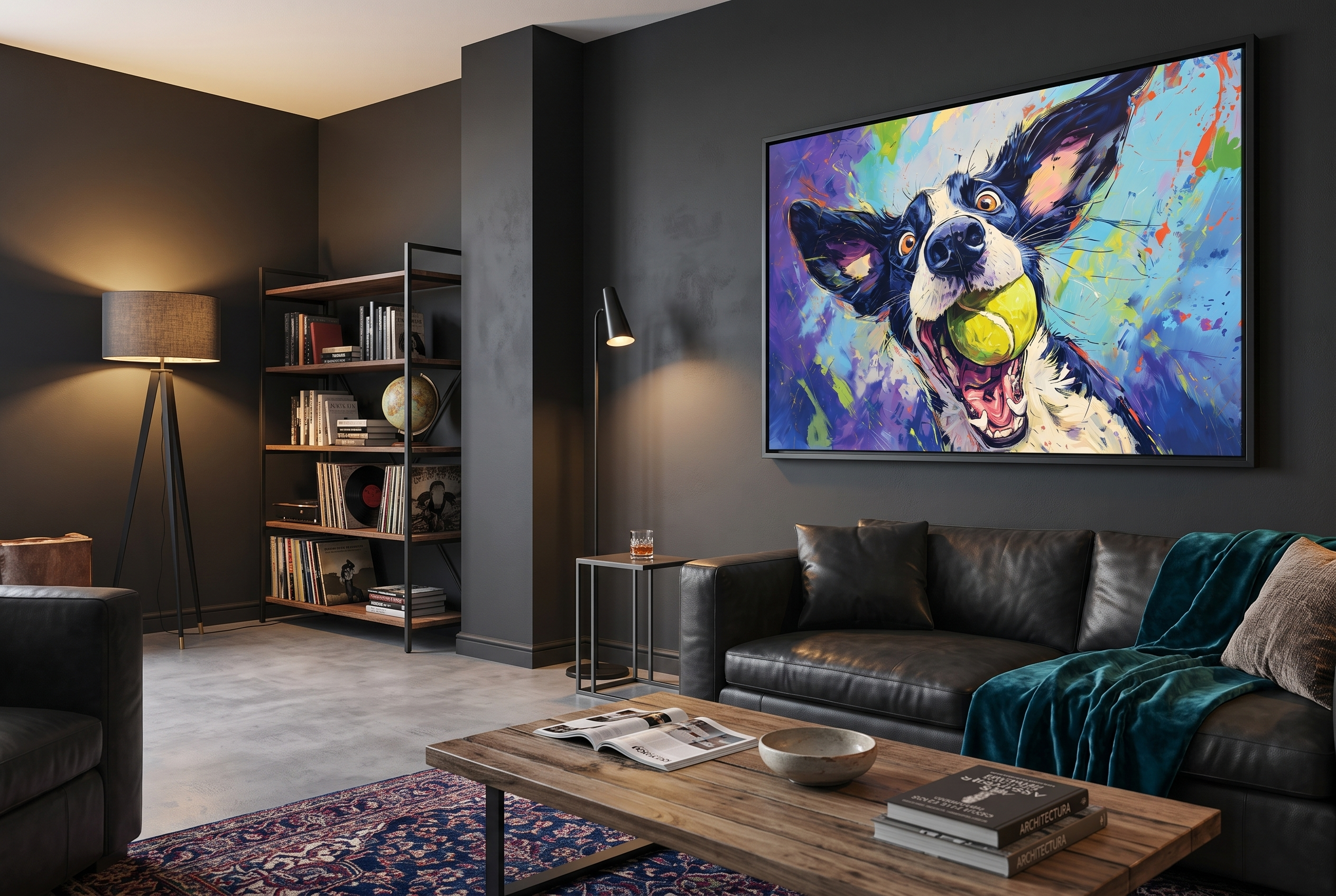Dog wall art, dog catching tennis ball canvas print, colourful wall art by Itz Art