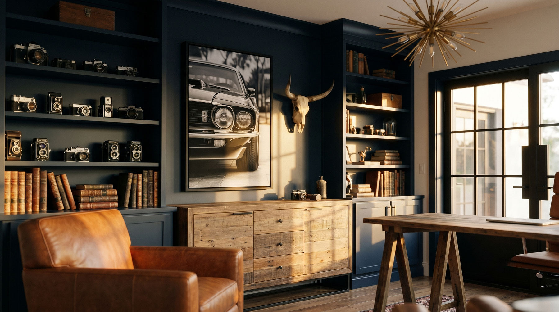 Father's Day wall art gift guide — vintage Ford Mustang black and white canvas print styled in a moody masculine home office by Itz Art
