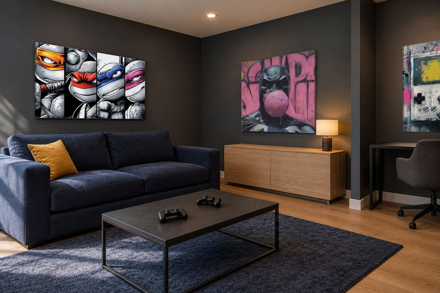 Ninja Turtles, bubblegum Batman and Game Boy canvas art in a contemporary gaming lounge with a navy sofa and desk.