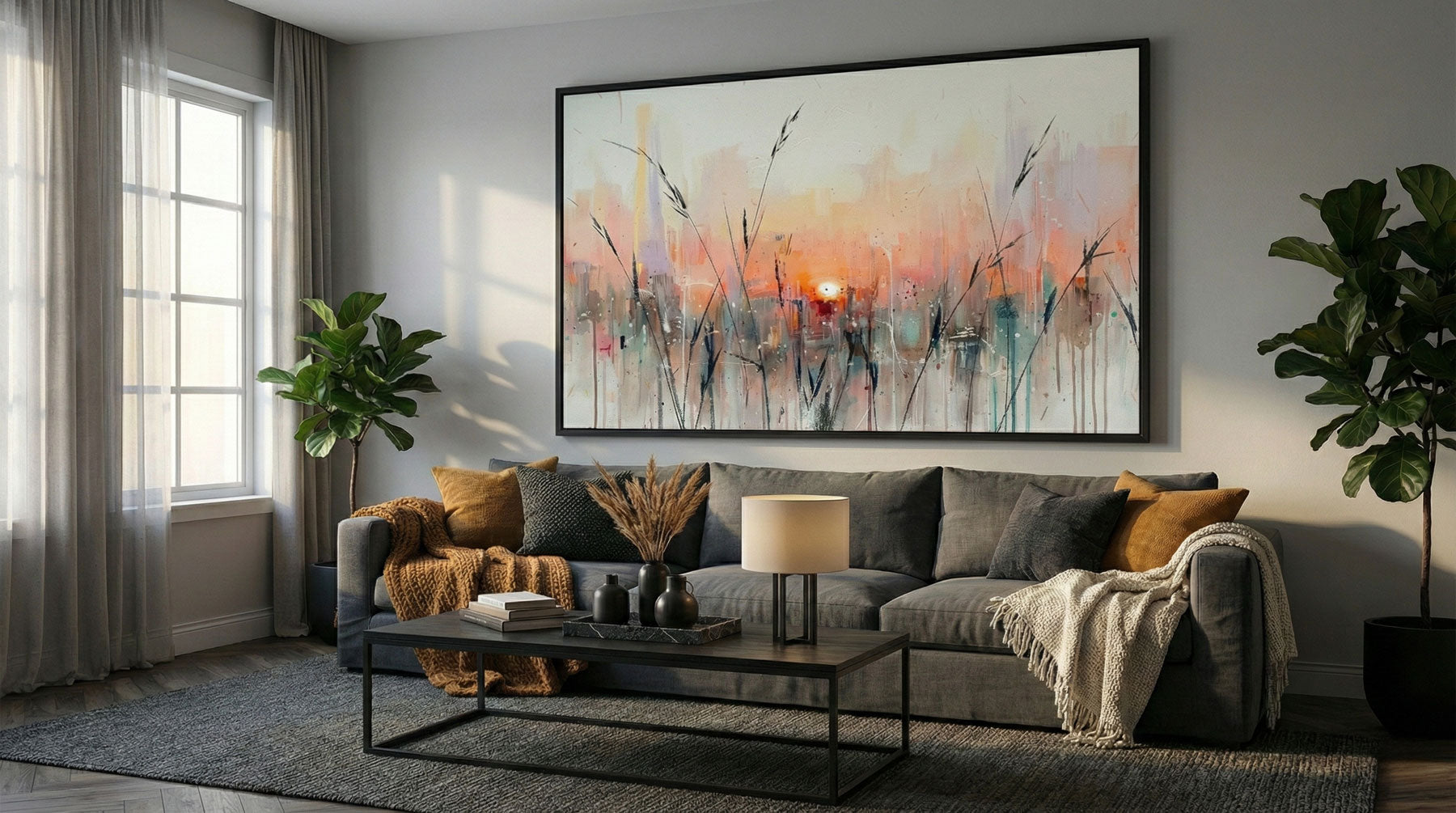 Canvas wall art print above a grey sofa in a modern living room