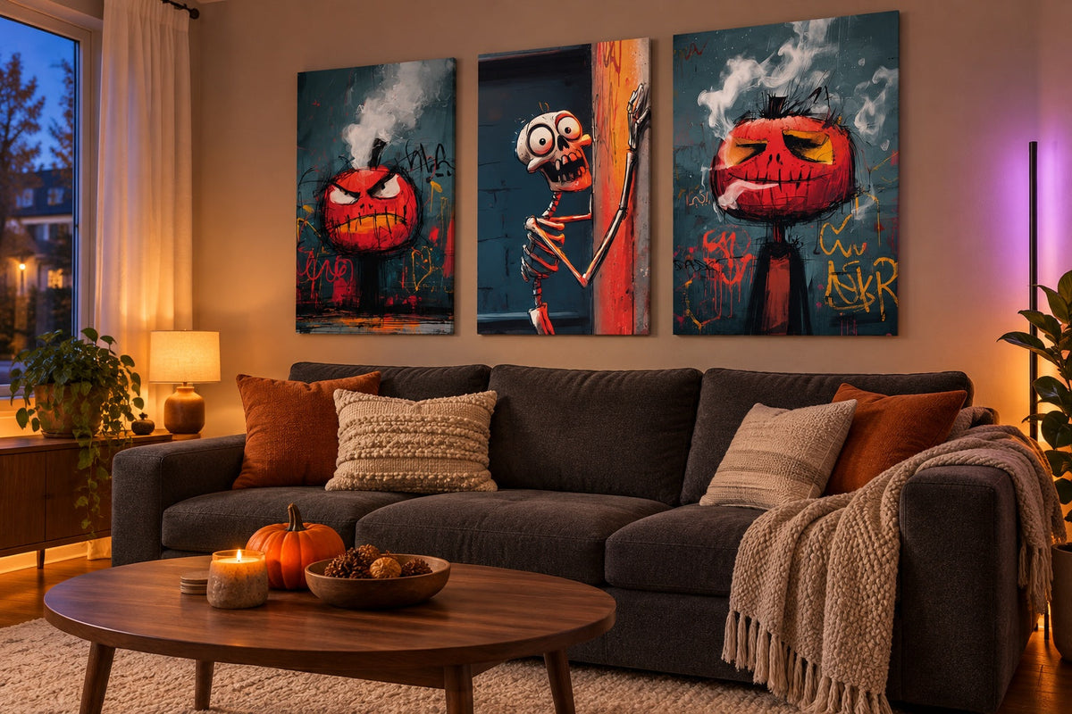 Three Halloween canvas prints above a charcoal sofa in a cozy living room with orange and purple accent lighting.