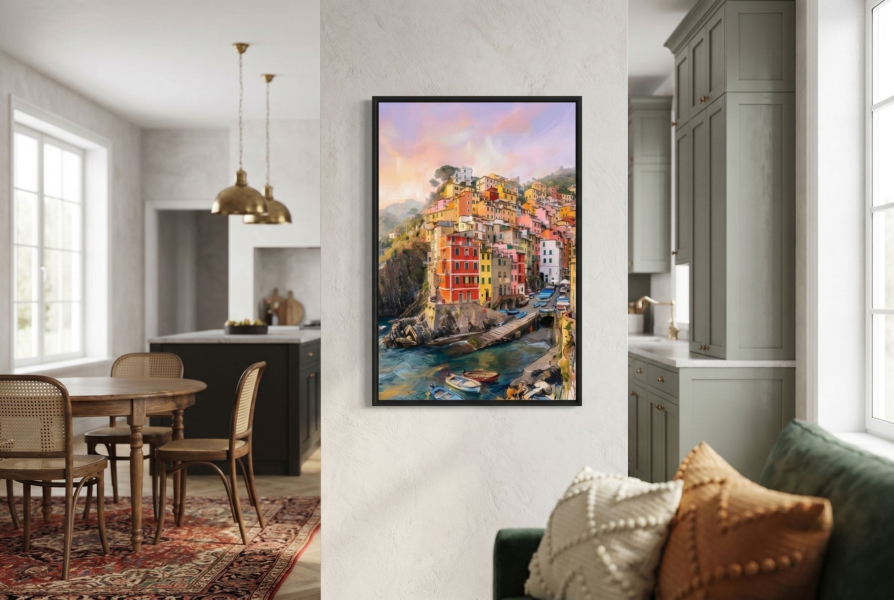 Kitchen wall art, Coastal Cinque Terre Italian village framed canvas print styled in a sage green kitchen with dining nook, made in Canada by Itz Art