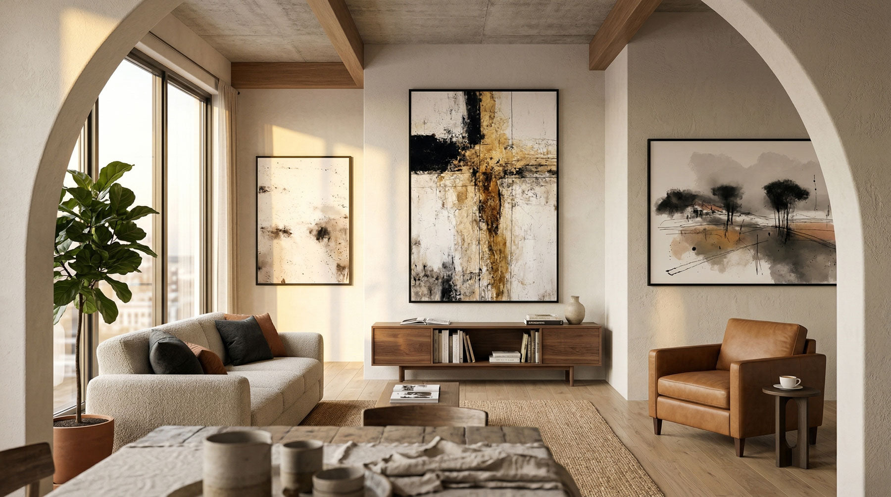 Large abstract canvas print as a statement piece in a warm neutral living room with wood beams and an arched doorway