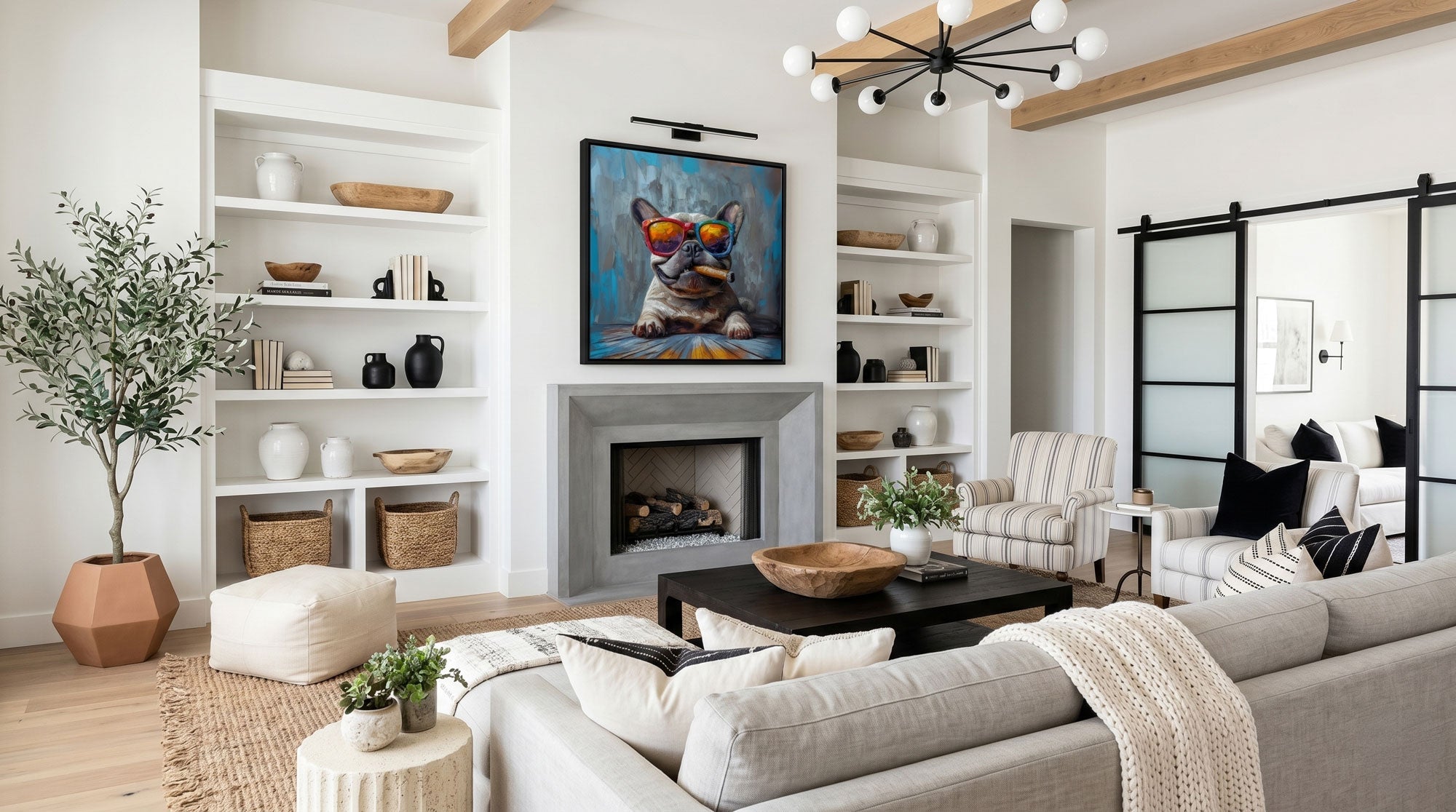 Boss Bulldog pop art canvas print as a bold statement piece on a white wall in a modern living room
