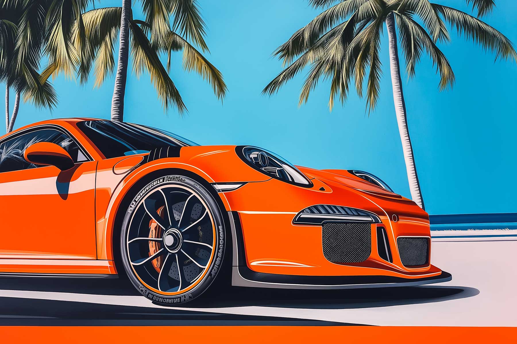 Orange Porsche parked by the beach