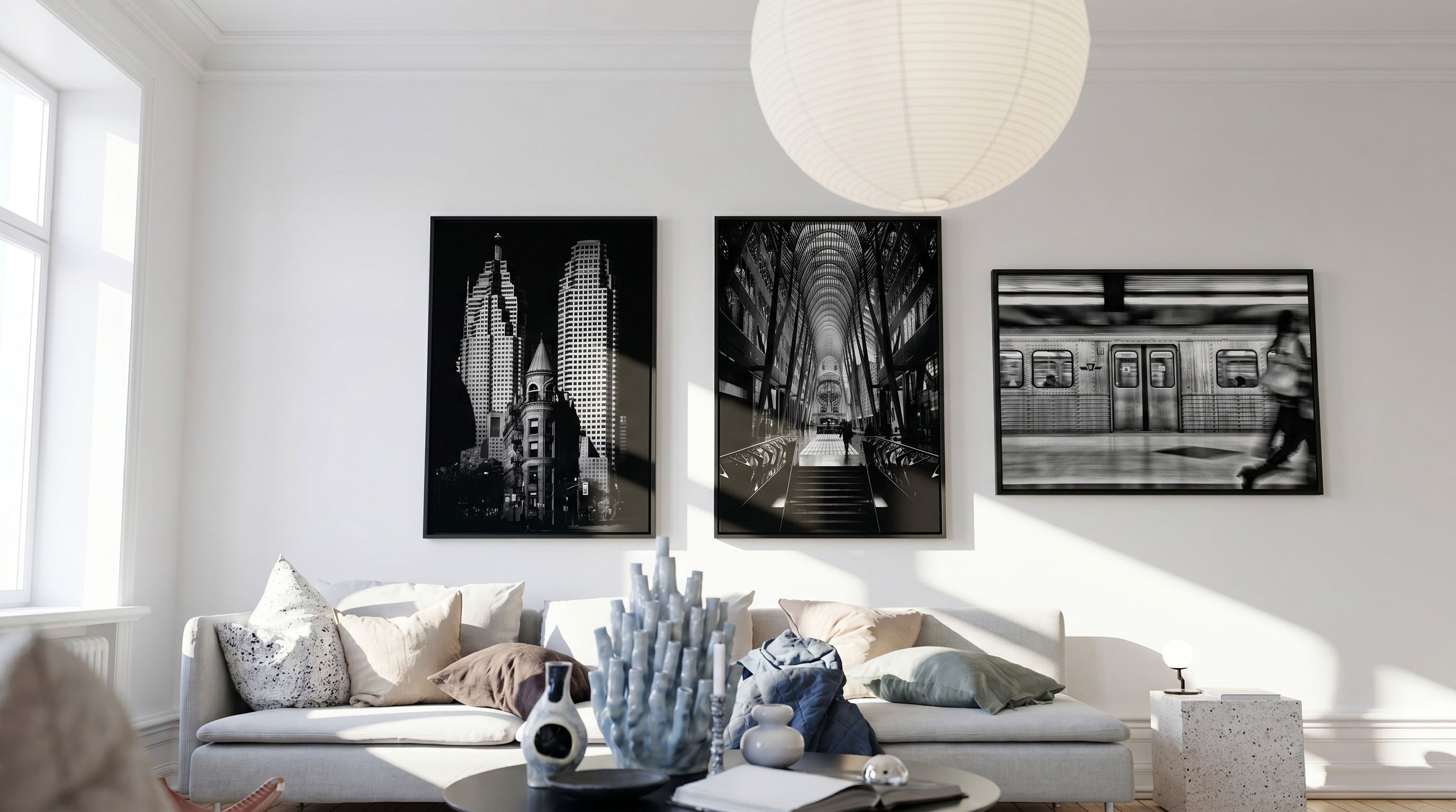gallery wall style, toronto city views framed canvas print styled in a scandinavian living room