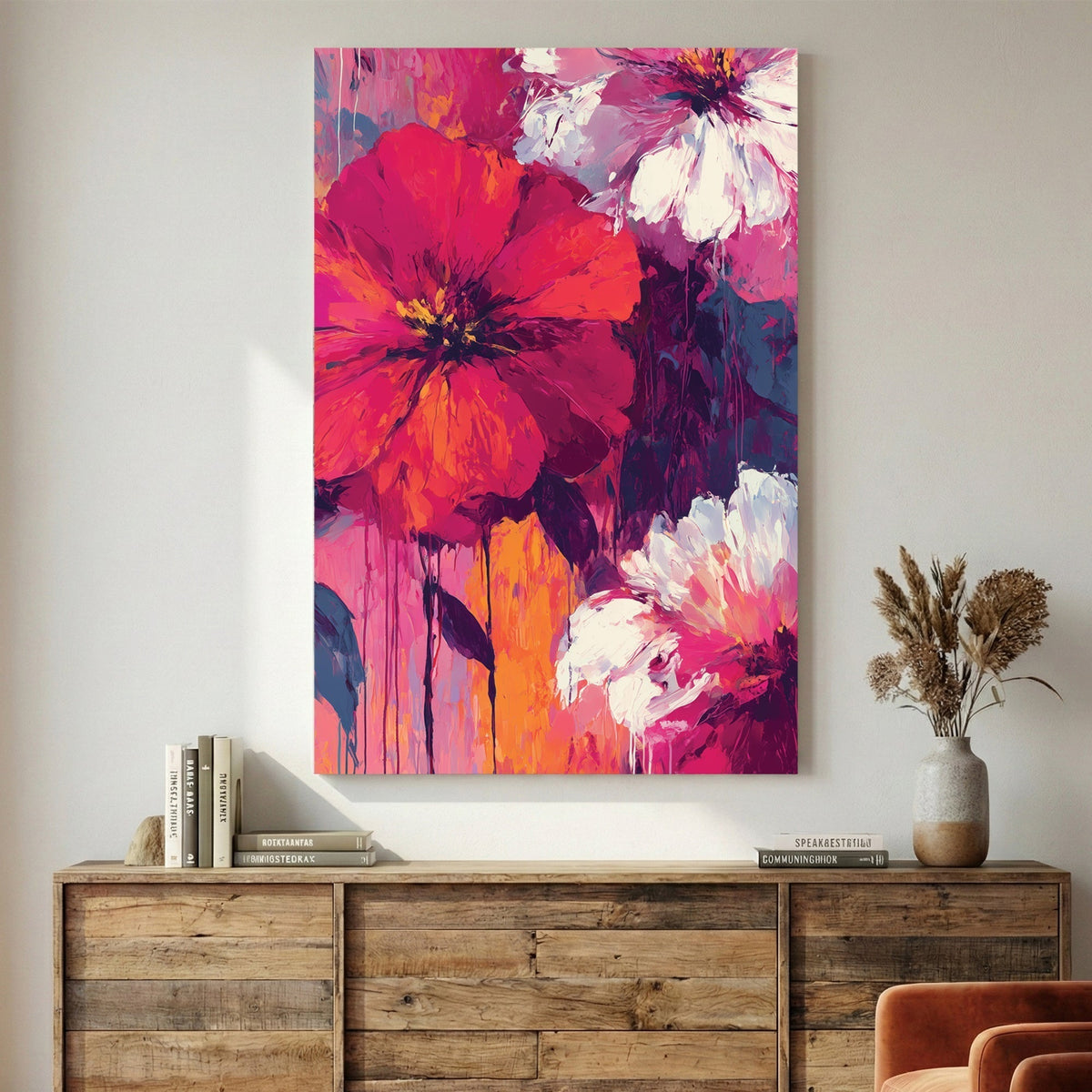 Floral wall art, Pink Red Floral Bloom painting canvas print by Itz Art