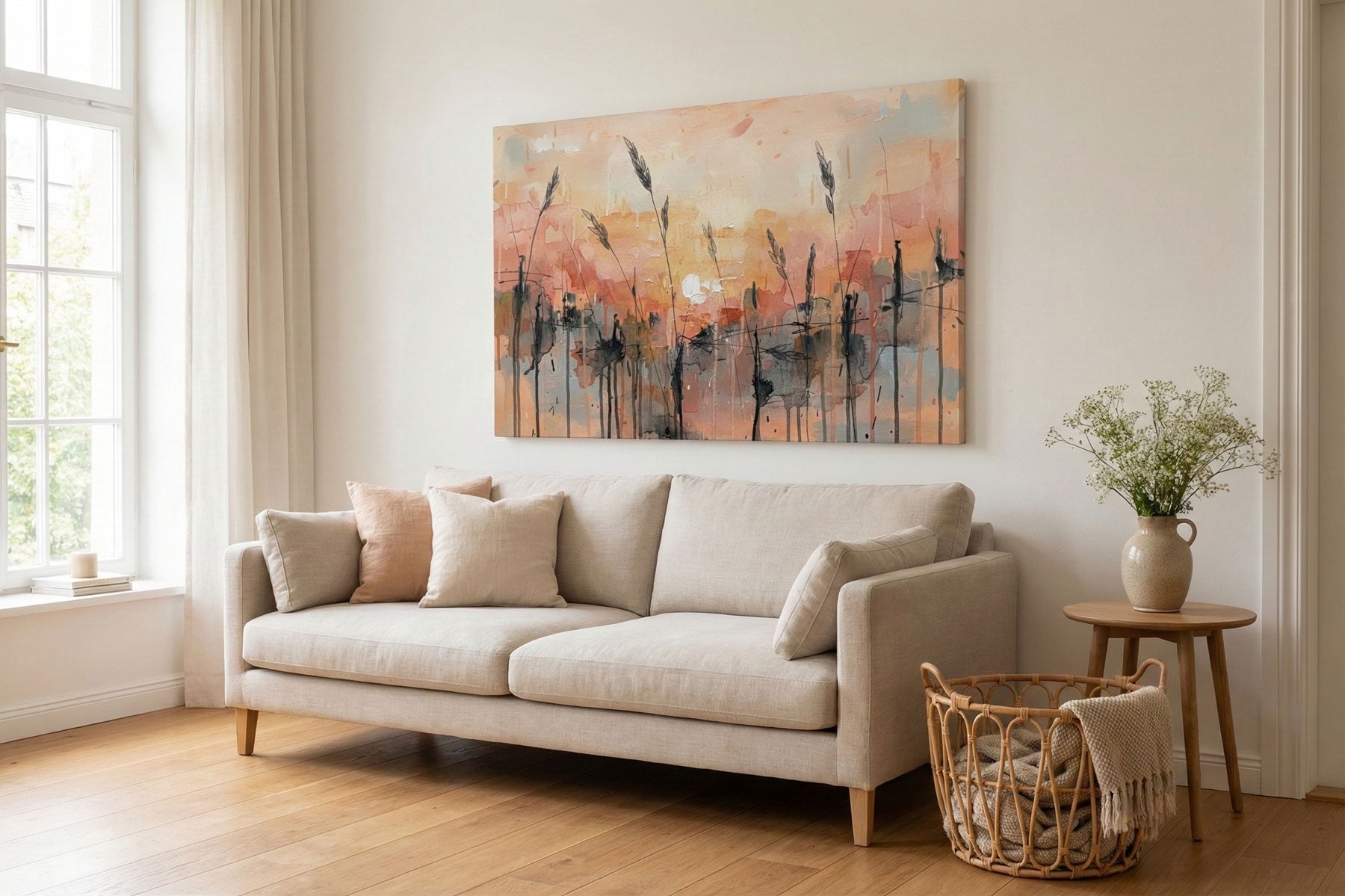Large canvas spring wall art print with abstract botanical grass silhouettes in warm peach tones displayed above a neutral linen sofa in a bright, airy living room
