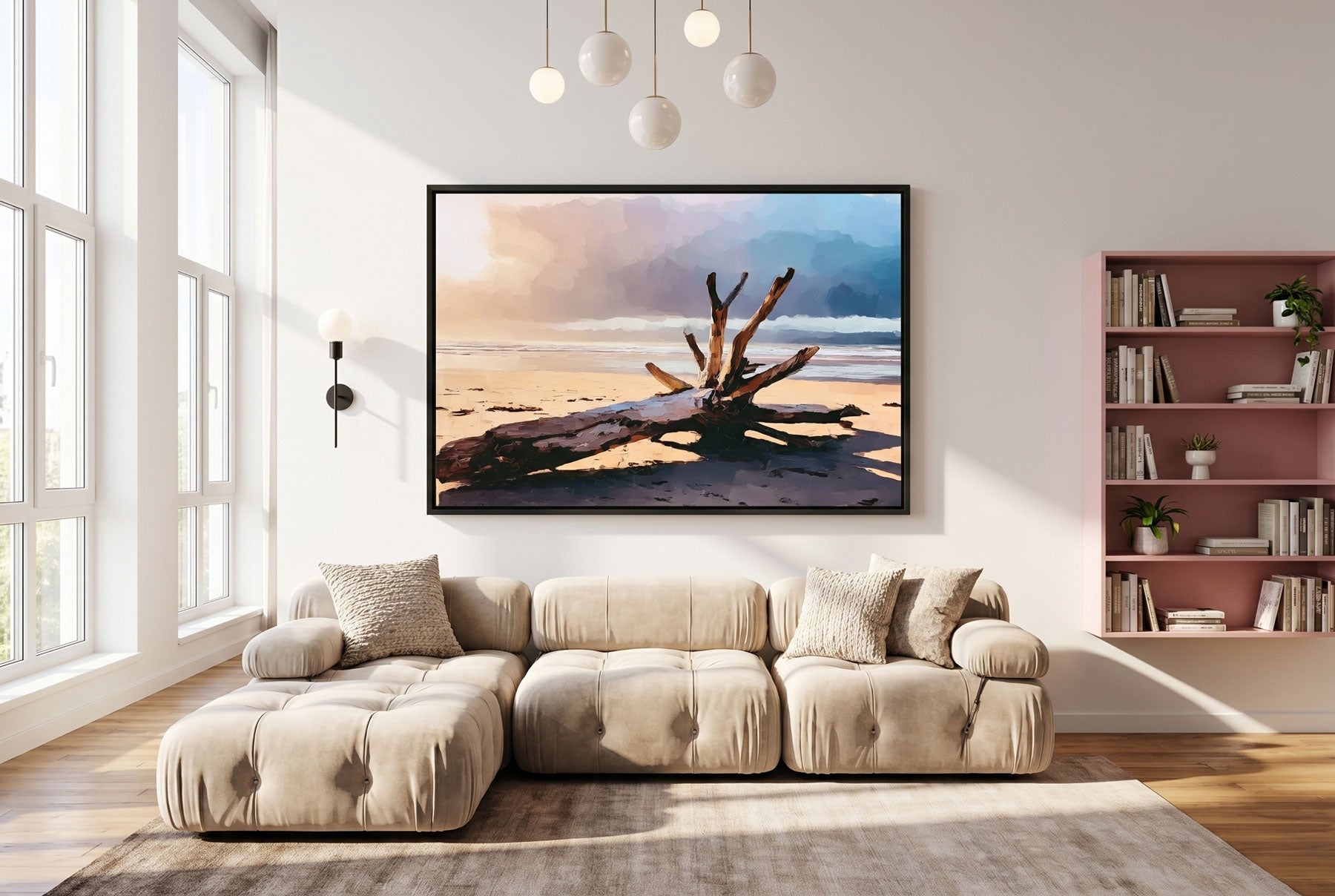 Summer wall art ideas — Driftwood Horizon coastal canvas print styled above a cream sofa in a sunlit living room by Itz Art