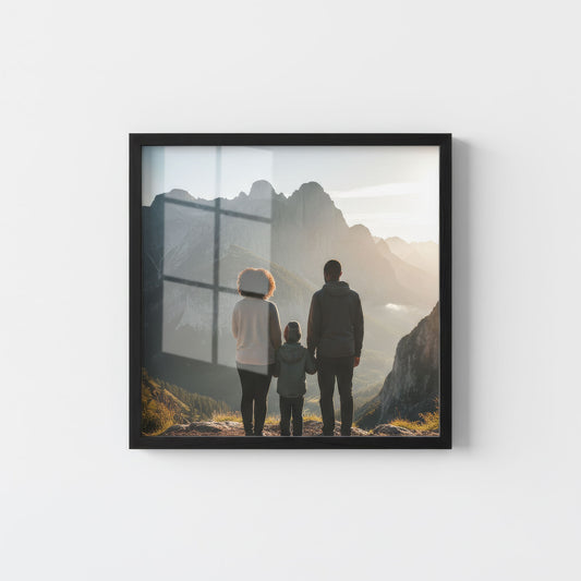Black framed photo print of a family looking at mountains