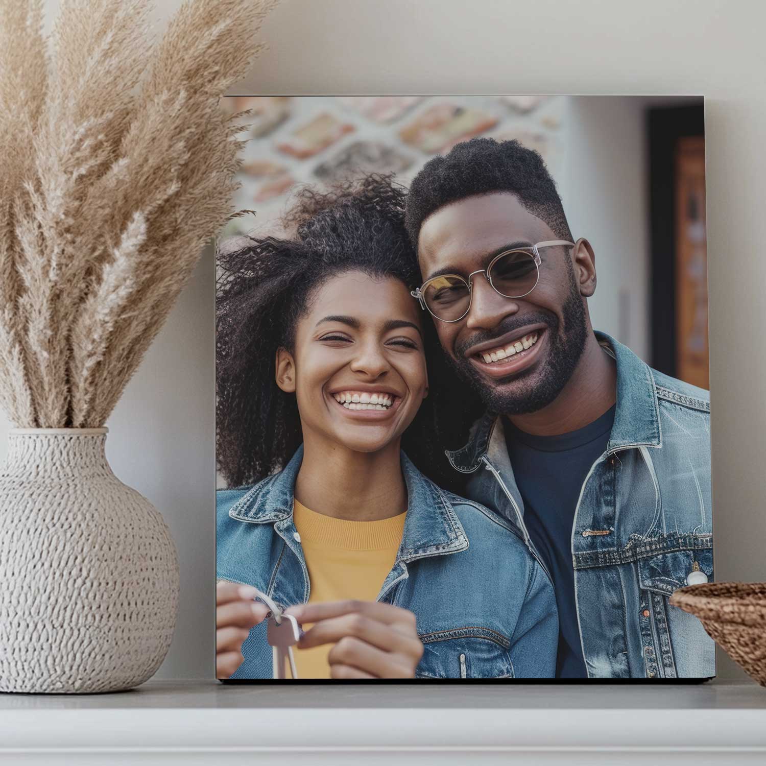 A custom canvas print with a happy couple