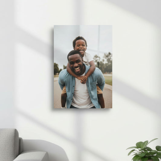 Metal photo print of a father and son on a road