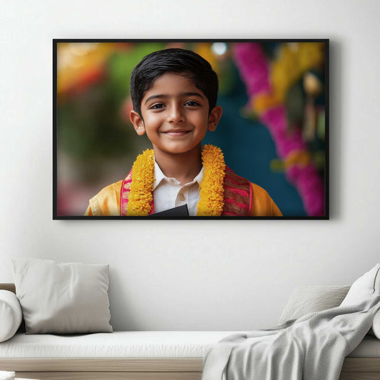 Blac Framed Canvas Custom Print of a boy celebrating his graduation