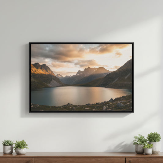 Framed landscape photo print of a mountain lake on a white wall