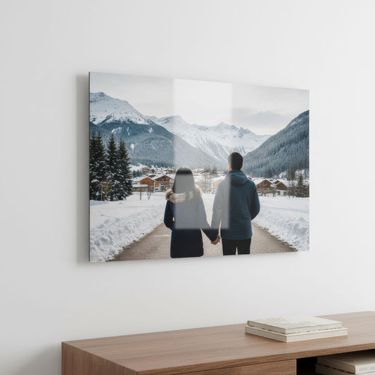 Horizontal metal photo print of a couple holding hands
