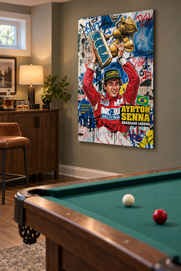 Ayrton Senna metal artwork beside a pool table in a warm home games room.