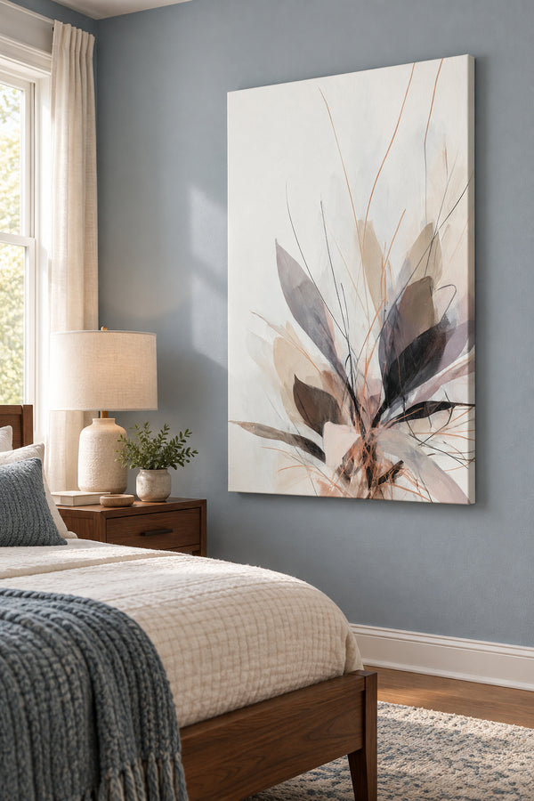Unframed neutral botanical canvas beside a bed in a softly lit blue bedroom.
