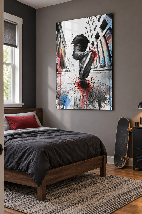 Floating metal skateboard artwork in a grey teen bedroom with a walnut bed and charcoal bedding.
