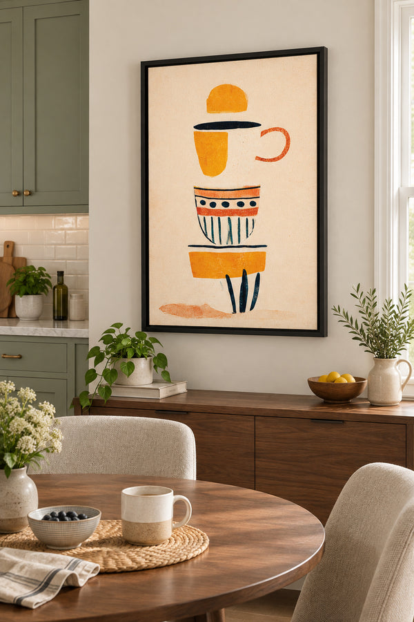 Black-framed coffee cup artwork beside a dining table in a sage-green eat-in kitchen.