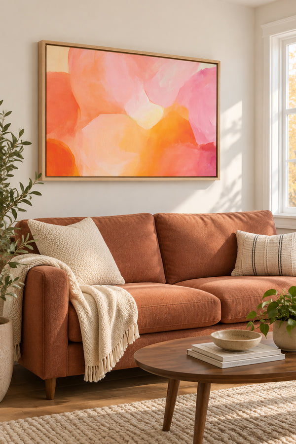 Oak-framed pink and orange abstract artwork above a terracotta sofa in a welcoming living room.