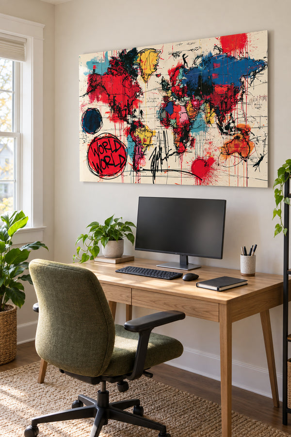 Colourful world map metal print above an oak desk in a bright home office.