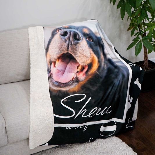 Custom Sherpa blanket with a printed picture of a dog