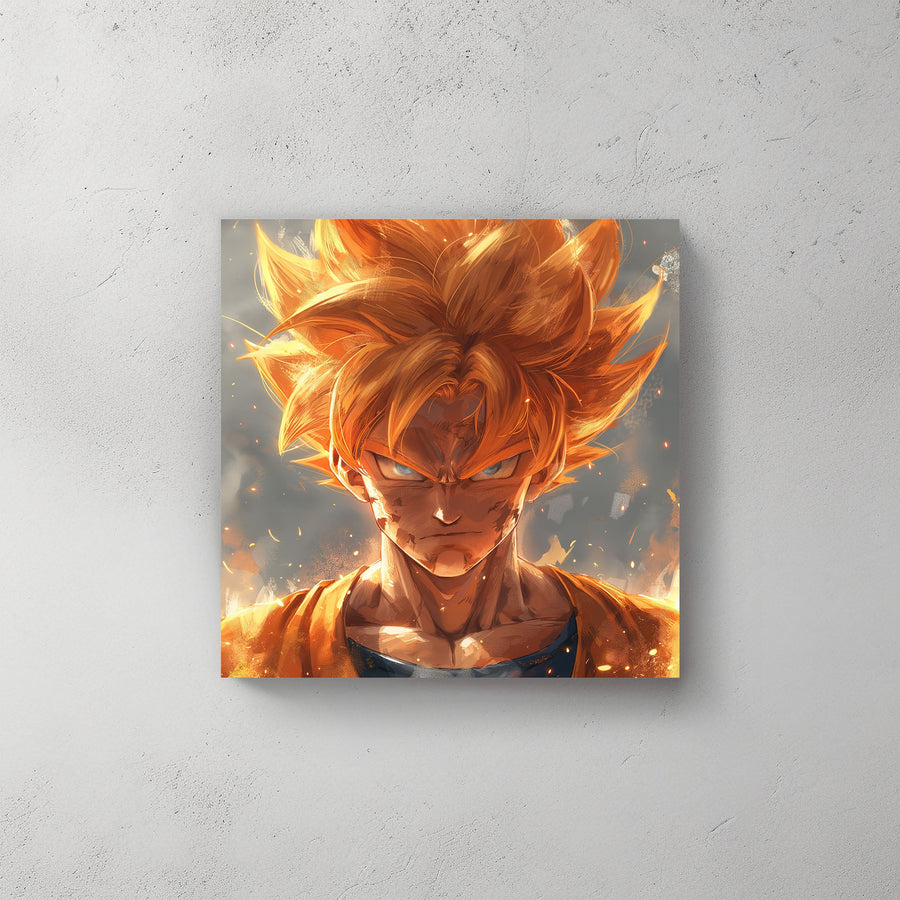 Close-up of a Goku Super Saiyan warrior with golden hair and glowing blue eyes, inspired by Akira Toriyama's Dragon Ball Z  anime art style.