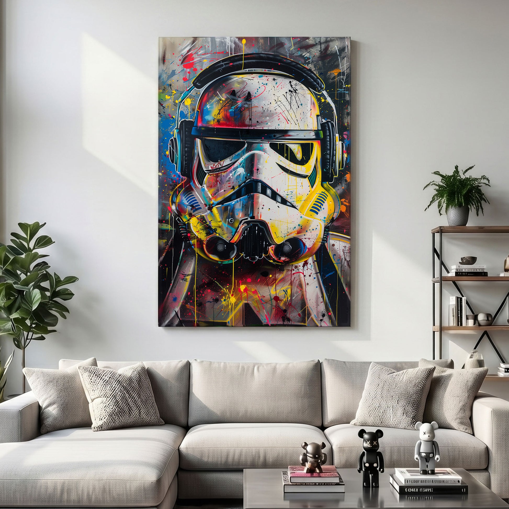 Colorful abstract painting of a stormtrooper helmet on a wall above a sofa.