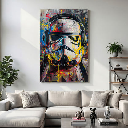 Colorful abstract painting of a stormtrooper helmet on a wall above a sofa.