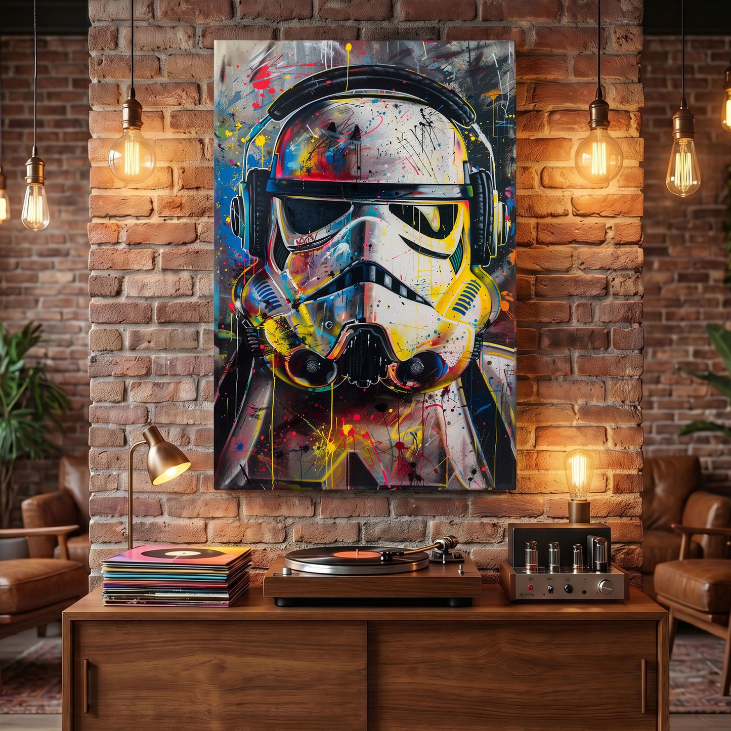 Colorful abstract stormtrooper helmet painting on a brick wall above a wooden console table with vinyl records and a turntable.