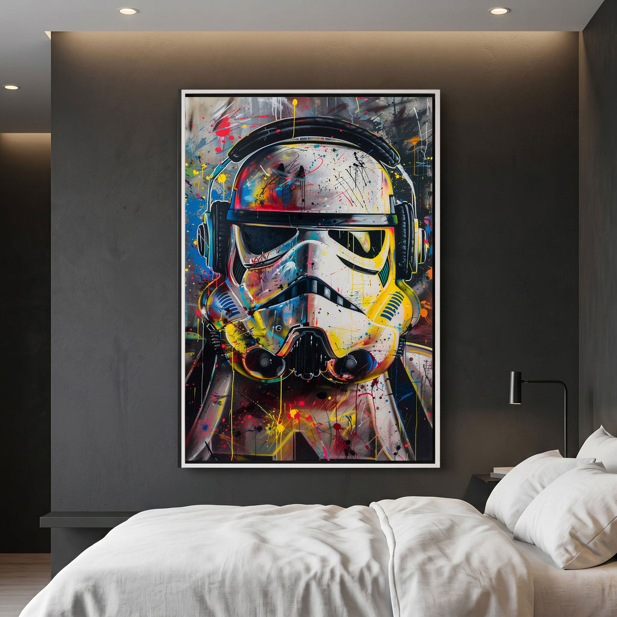 Colorful abstract painting of a stormtrooper helmet on a wall above a sofa.