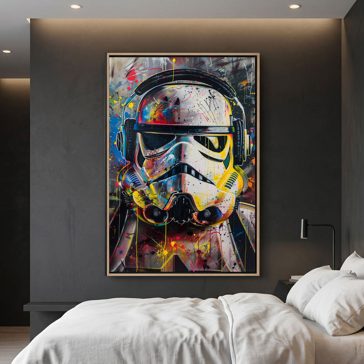 Colorful abstract painting of a stormtrooper helmet on a wall above a sofa.