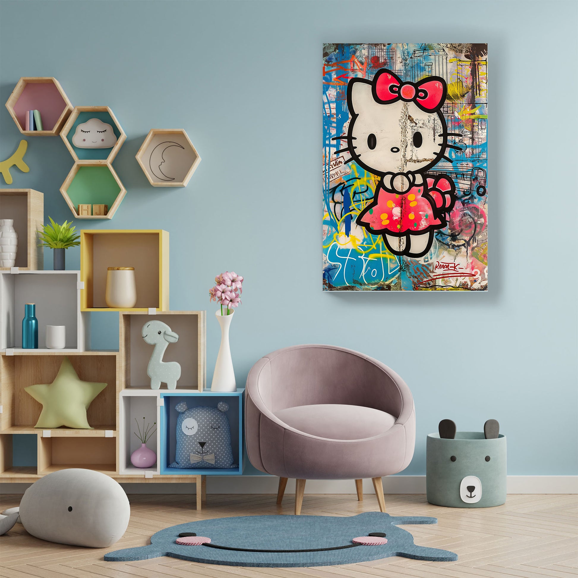 a graffiti wall art print of hello kitty