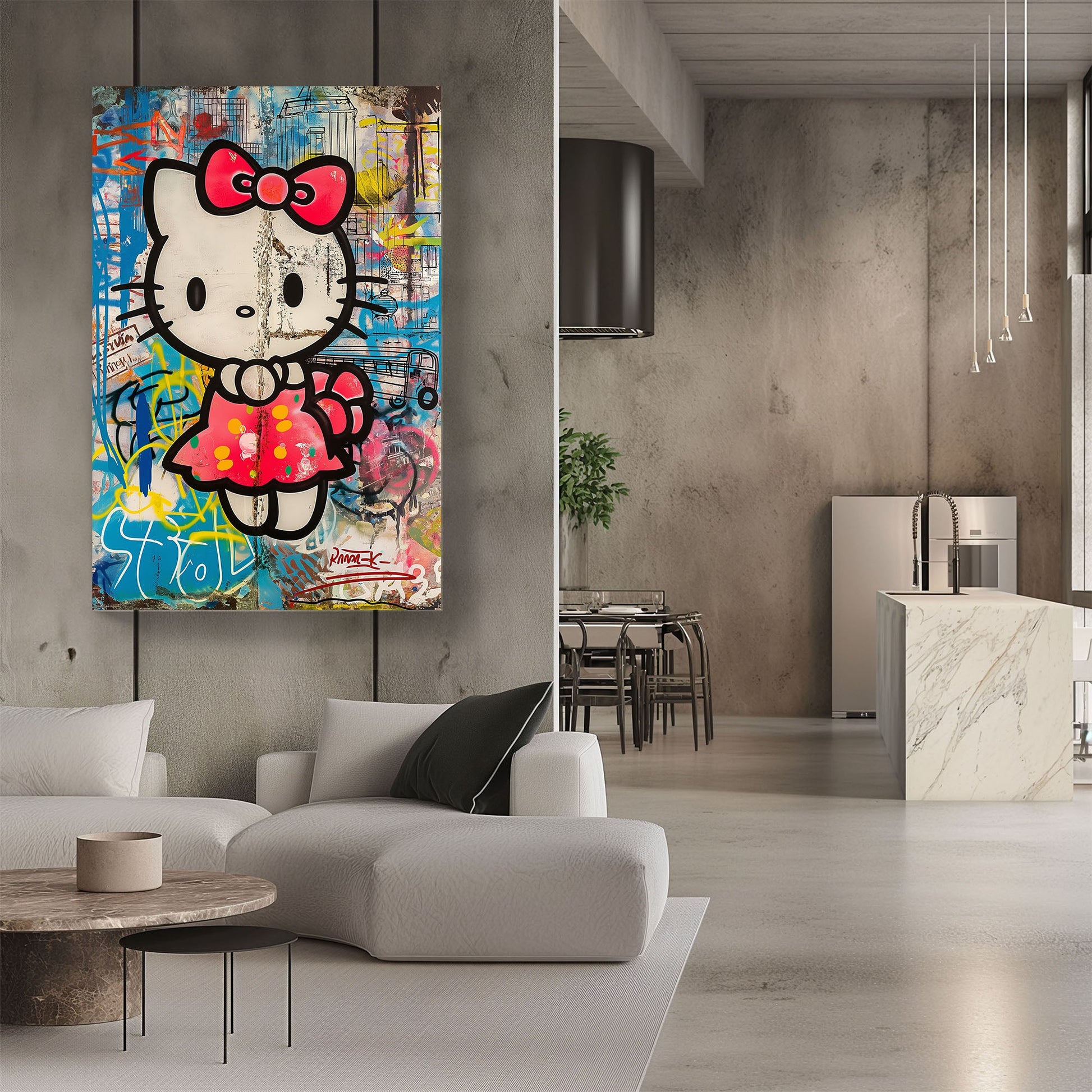 a graffiti wall art print of hello kitty