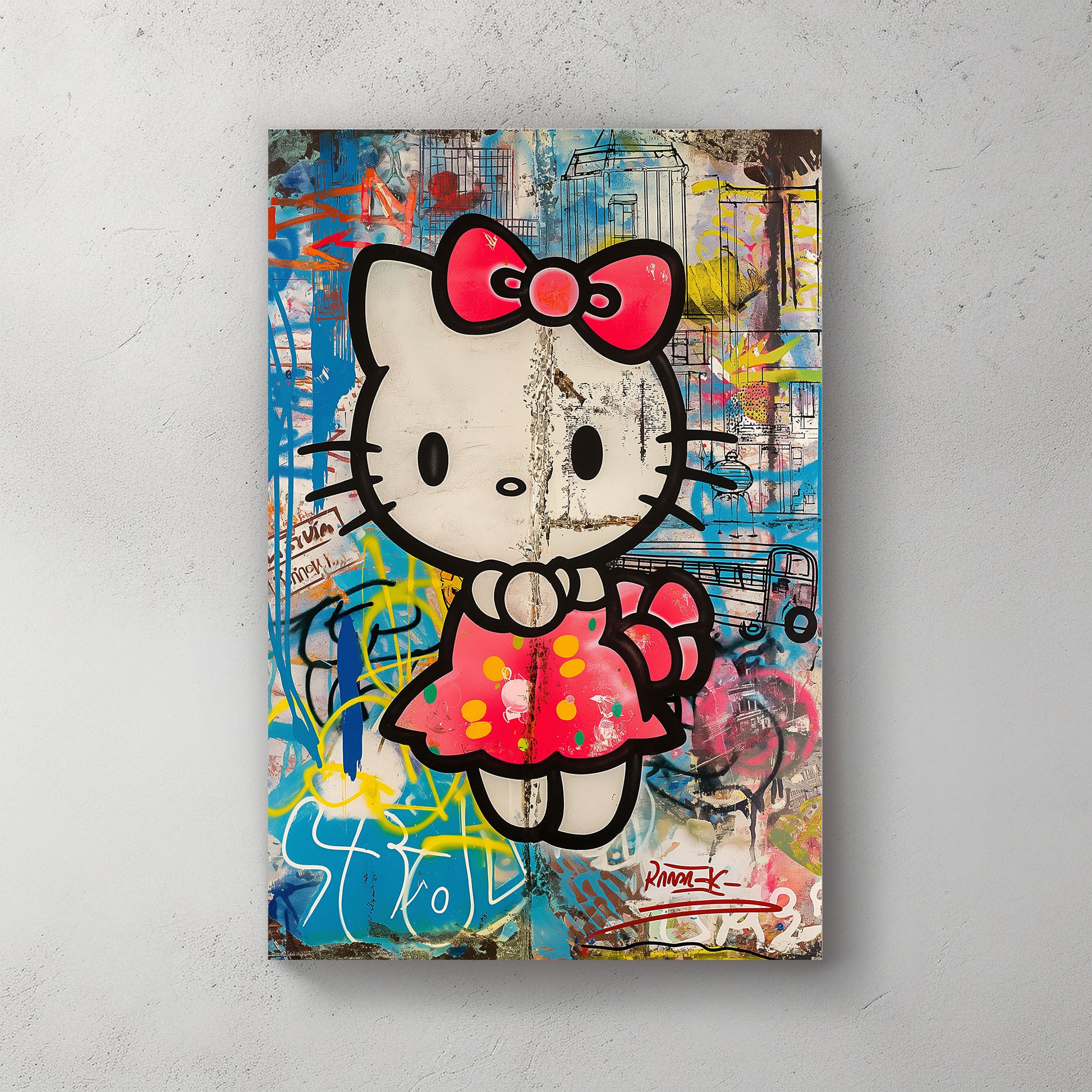 a graffiti wall art print of hello kitty