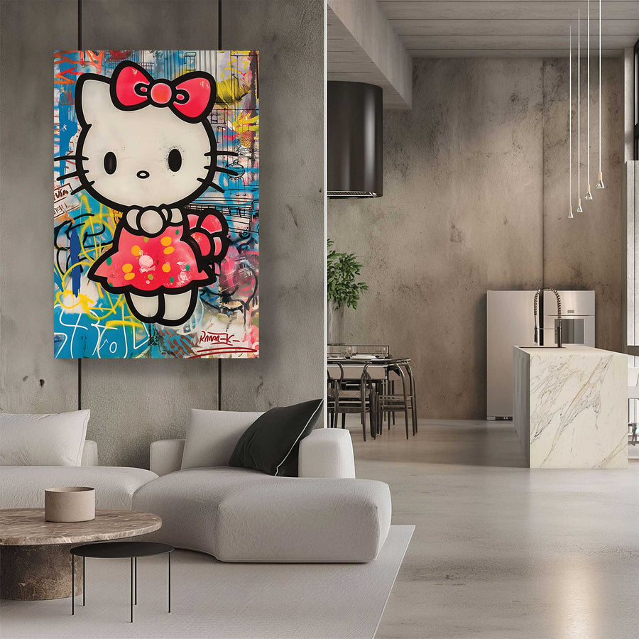 a graffiti wall art print of hello kitty