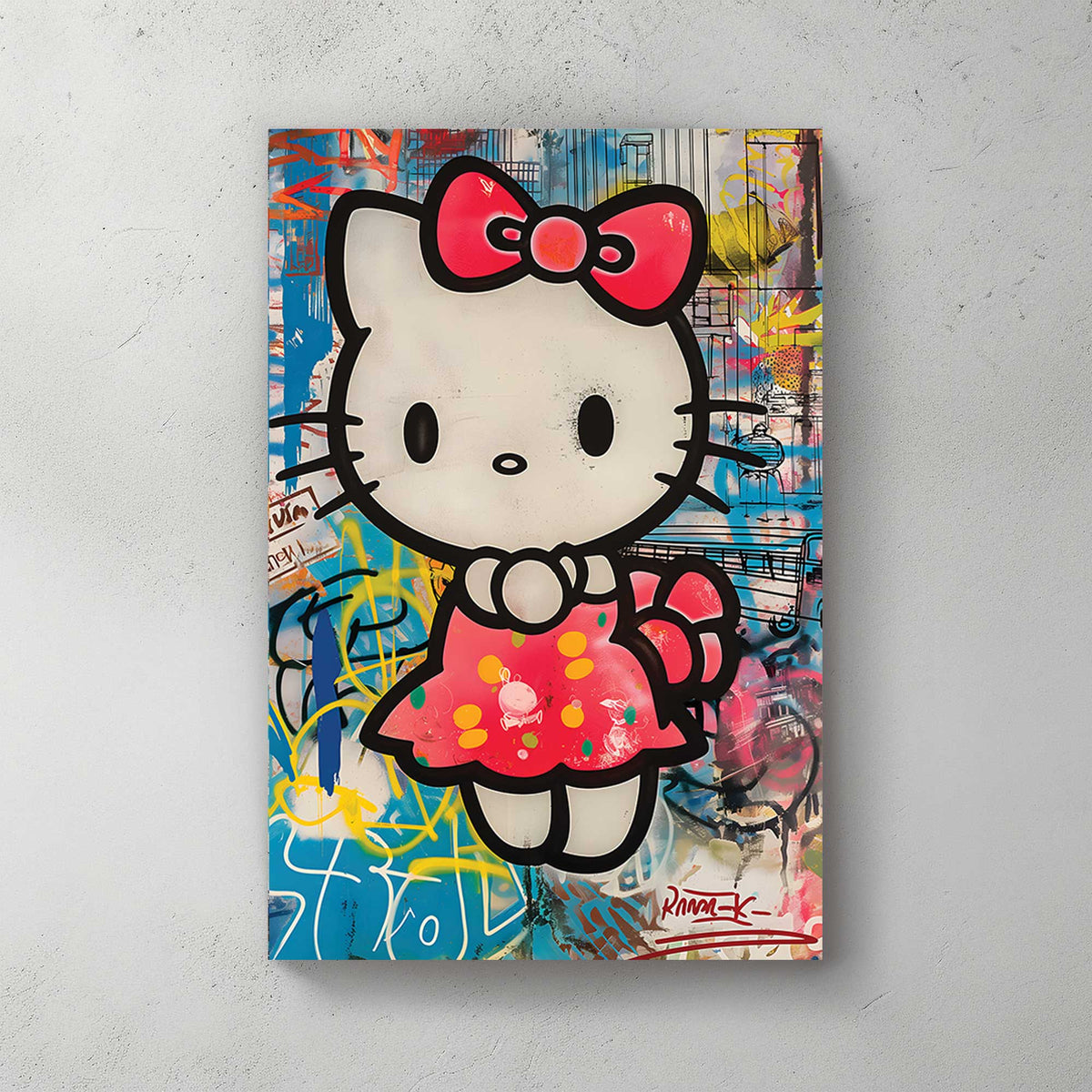 a graffiti wall art print of hello kitty