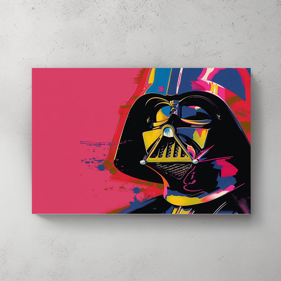 Colourful pop art portrait of Darth Vader from Star Wars with bold yellow, pink, and black tones, inspired by Andy Warhol’s vibrant style.
