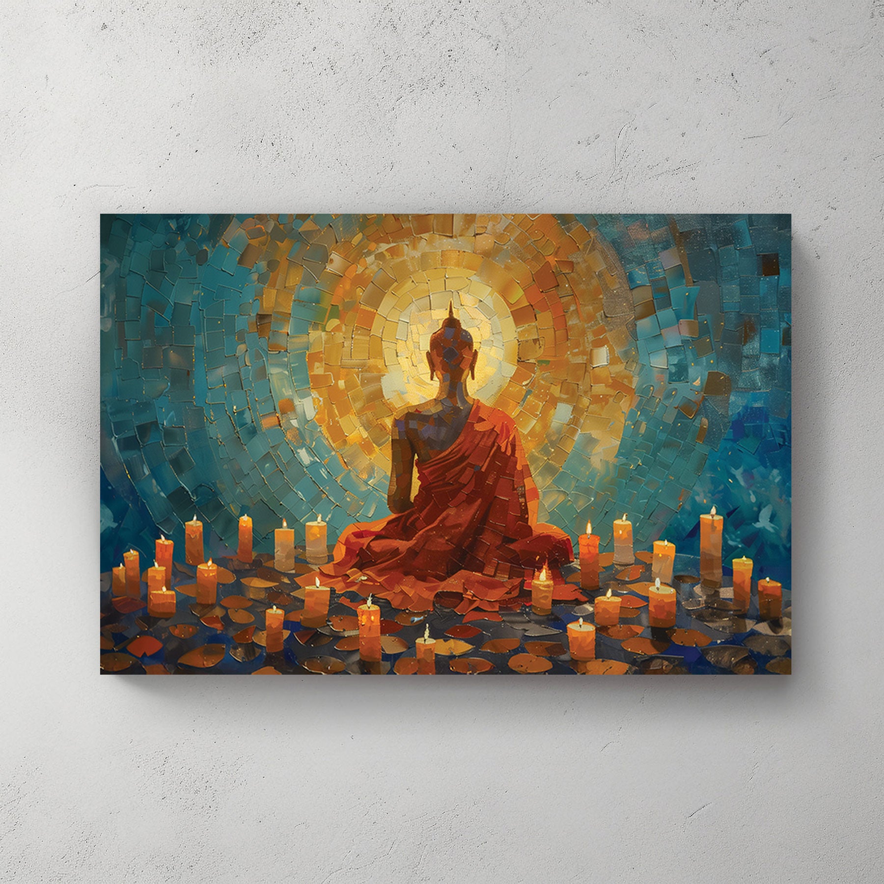 A canvas print featuring a figure seated in a meditative pose with a warm, glowing background, displayed on a wall in a contemporary interior setting.