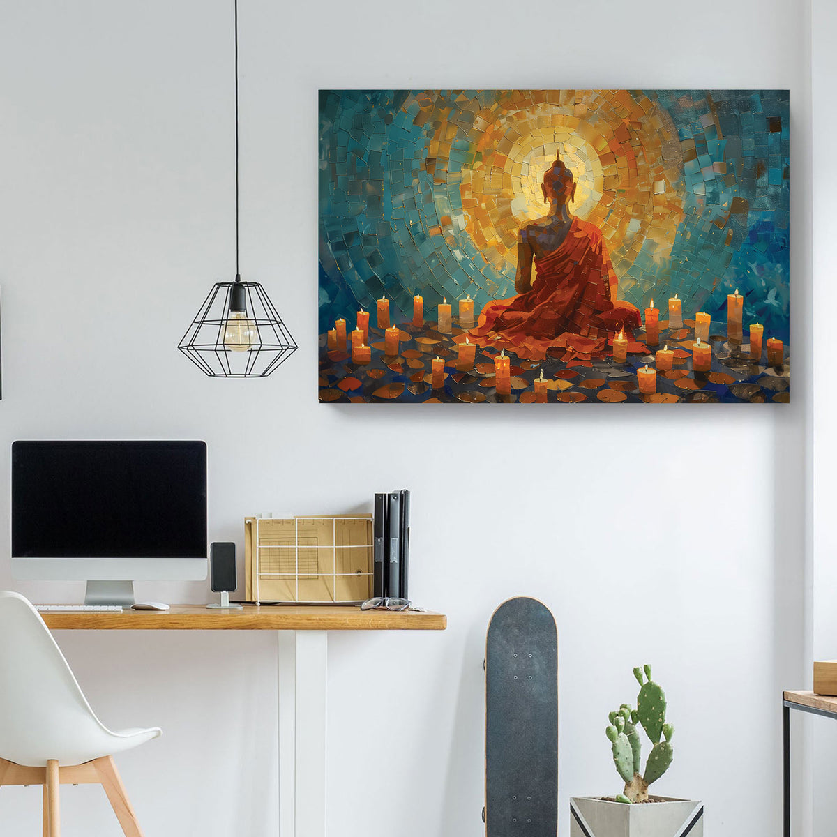 A canvas print featuring a figure seated in a meditative pose with a warm, glowing background, displayed on a wall in a contemporary interior setting.