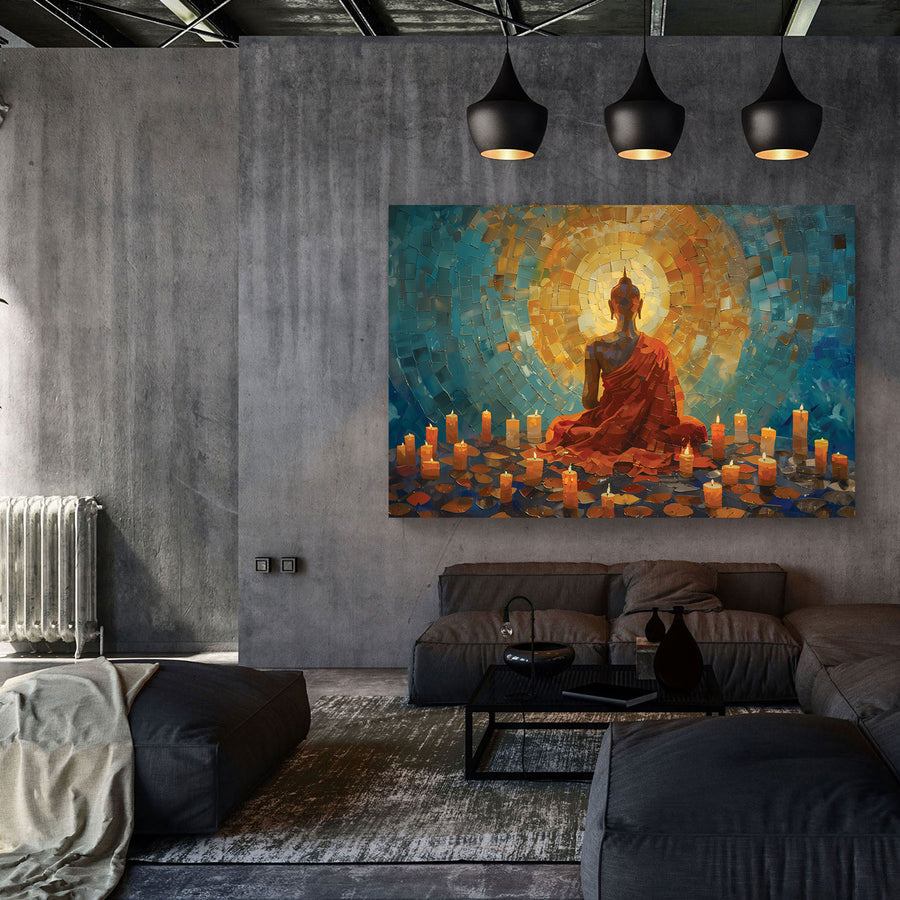 A canvas print featuring a figure seated in a meditative pose with a warm, glowing background, displayed on a wall in a contemporary interior setting.