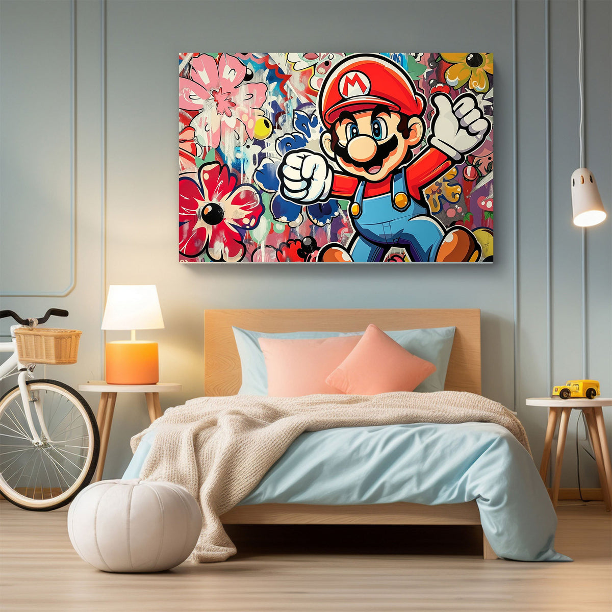A colorful canvas print featuring the character Mario from a popular video game