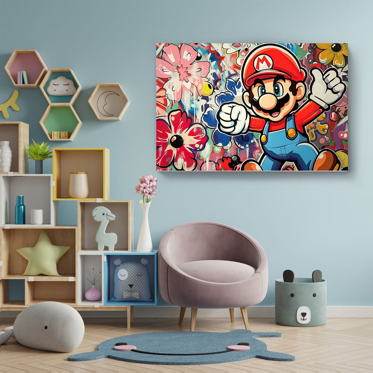 A colorful canvas print featuring the character Mario from a popular video game, displayed on a wall above a modern, minimalist chair and children's room decor.
