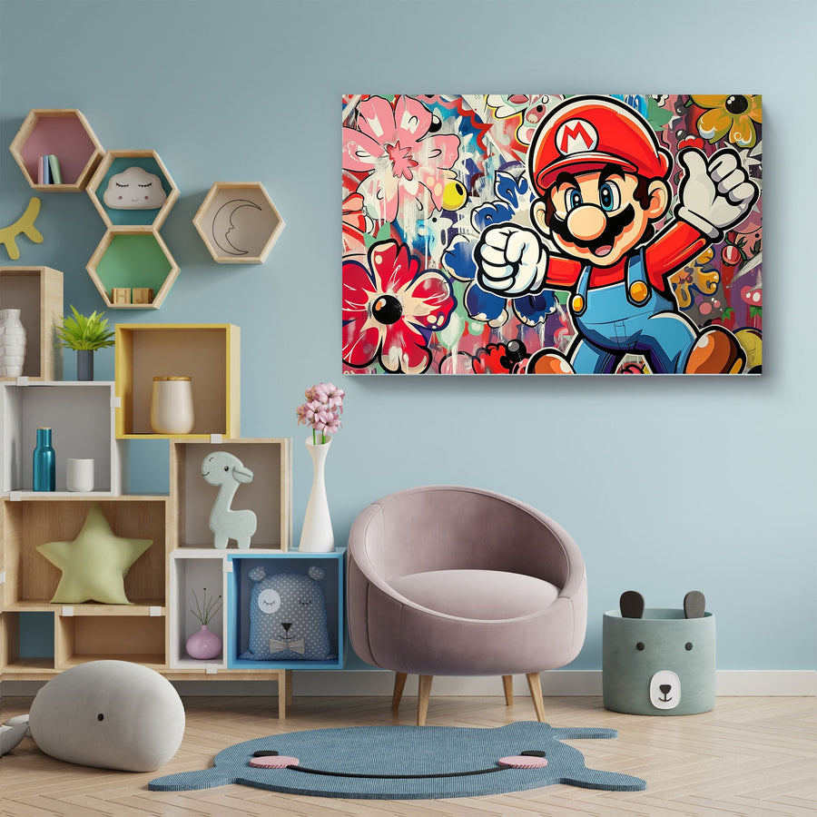 A colorful canvas print featuring the character Mario from a popular video game, displayed on a wall above a modern, minimalist chair and children's room decor.