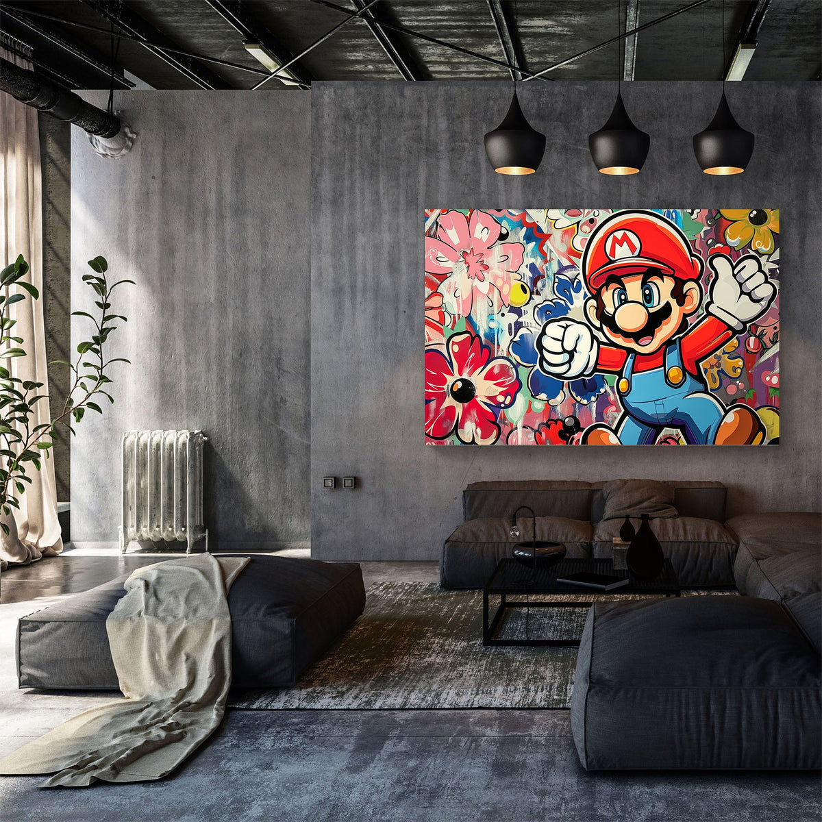 A colorful canvas print featuring the character Mario from a popular video game